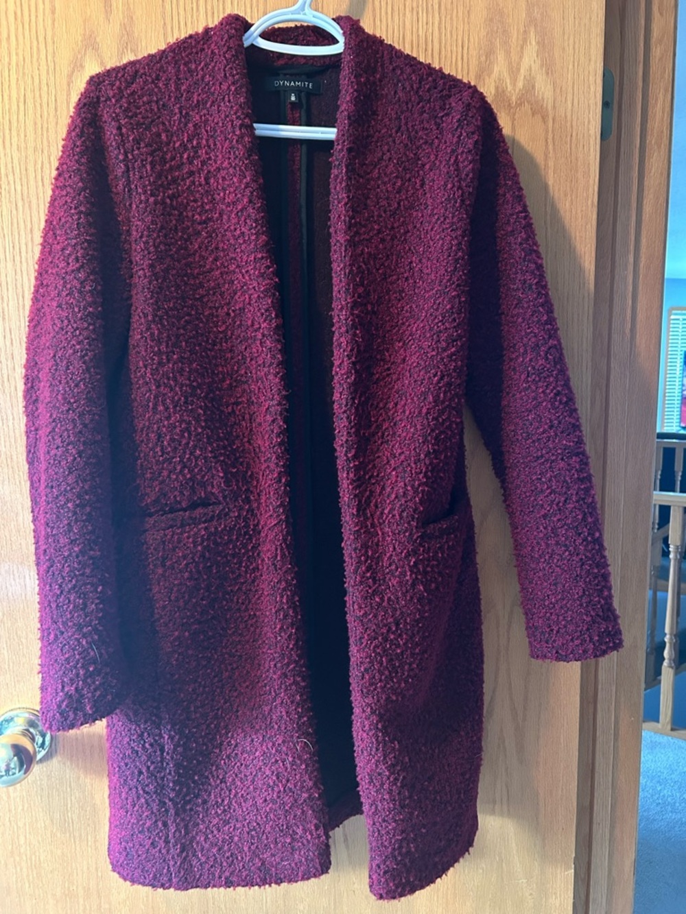 Dynamite Women's Wine Bouclé Open-Front Teddy Coat